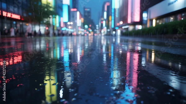 Fototapeta Rain falling on wet asphalt at night, creating reflections of city lights and buildings, with puddles and glistening surfaces, capturing a calm urban atmosphere