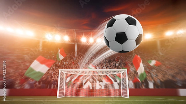 Fototapeta Soccer Ball Flying Across the Stadium. Ball's Flight Leads to Goal, Success, and Victory. Swirling Ball, Arena with Crowds of Fans Cheering for the Champion Winning Team. Medium Close-up Shot