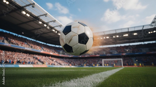 Fototapeta Soccer Ball Flying Across the Stadium. Ball's Flight Leads to Goal, Success, and Victory. Swirling Ball, Arena with Crowds of Fans Cheering for the Champion Winning Team. Medium Close-up Shot