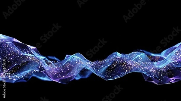 Fototapeta A glowing, abstract, crystalline wave of light in shades of blue, purple, and gold against black