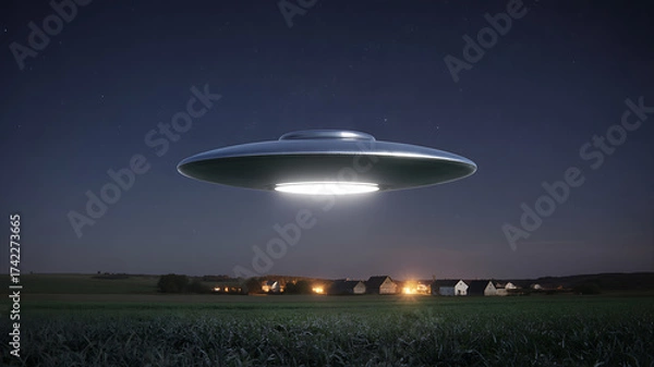 Fototapeta UFO Over Futuristic City with Lightning