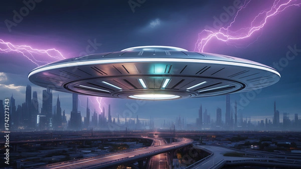 Fototapeta UFO Over Futuristic City with Lightning