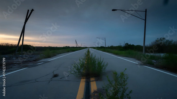 Fototapeta Wide shot from above of a deserted highway at dusk, broken streetlights casting long shadows, overgrown with weeds, somber mood, photorealistic.
