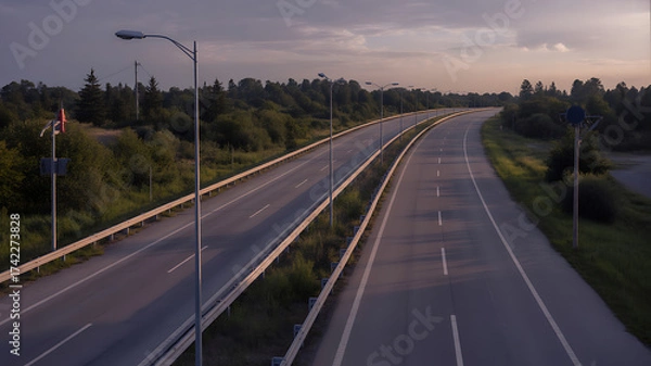 Fototapeta Wide shot from above of a deserted highway at dusk, broken streetlights casting long shadows, overgrown with weeds, somber mood, photorealistic.