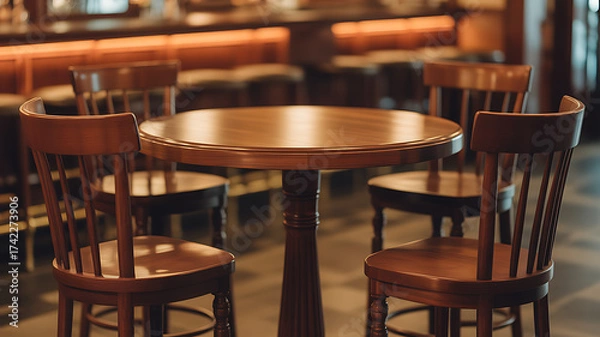 Fototapeta Wooden Bar stools with high table. Round wooden table and two chairs bar isolated. Bar Table and Round Bar Table. Pub Dining Table