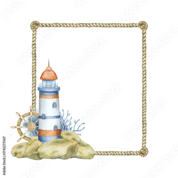 Fototapeta A frame made of sea rope with a lighthouse standing on rocks, a ship's rudder and seaweed. Watercolor illustration in beige, blue and red tones.