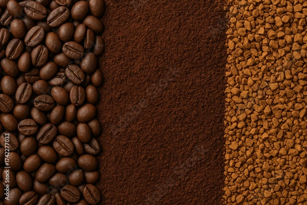 Fototapeta Coffee texture — roasted beans, ground coffee and instant coffee arranged in layers