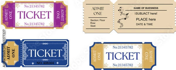 Fototapeta Four vintage-style tickets with unique layouts and “ADMIT ONE” text—EPS vector for events and design.