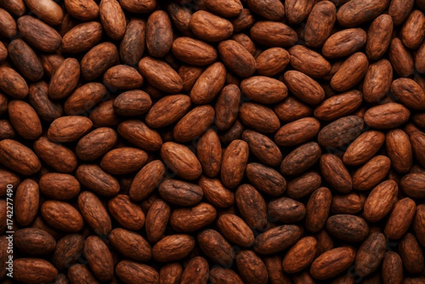 Fototapeta Close-up of dried cocoa beans in natural texture, brown seed background