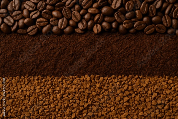 Fototapeta Coffee texture — roasted beans, ground coffee and instant coffee arranged in layers