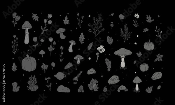 Fototapeta Set of dark autumn nature art illustration doodle vector: mushroom, branches, flowers, pumpkin, leaves, rocks, separate nature elements isolated 