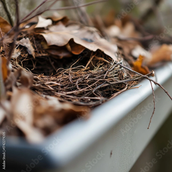 Fototapeta Empty bird nest with dry leaves in roof gutter closeup