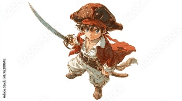 Fototapeta A young pirate boy in a tricorn hat, red scarf, jacket, and white breeches, brandishing a cutlass