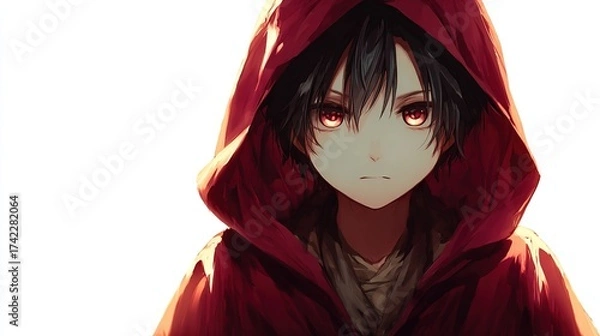 Fototapeta Anime-style illustration. A somber-eyed character with dark hair is cloaked in a vibrant red hood, facing forward