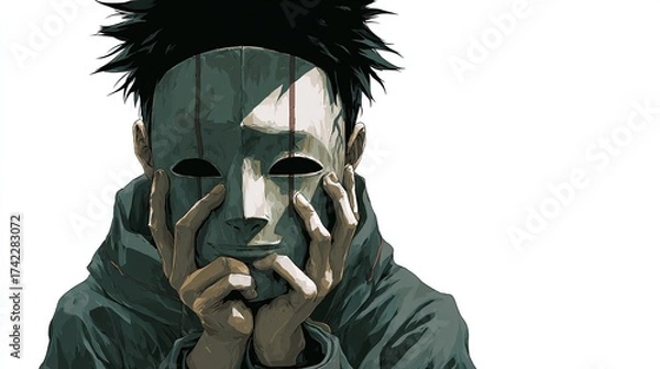 Fototapeta A person wearing a pale mask, partially obscuring the face, hands cradling the mask, against white