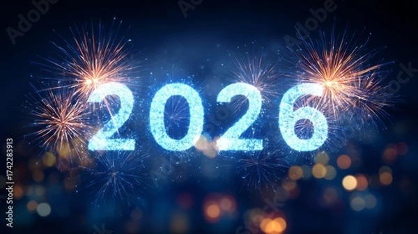 Fototapeta New Year fireworks celebration welcoming 2026 with bright colors and sparkling lights in the night sky
