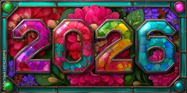 Fototapeta Colorful floral design announcing the arrival of the New Year 2026 with vibrant hues and intricate details