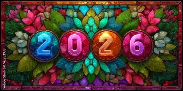 Fototapeta Colorful decoration celebrating New Year 2026 with vibrant leaves and bright numbers in a festive design