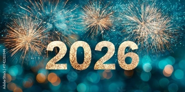 Fototapeta Celebrating the arrival of New Year 2026 with sparkling fireworks and bright bokeh background