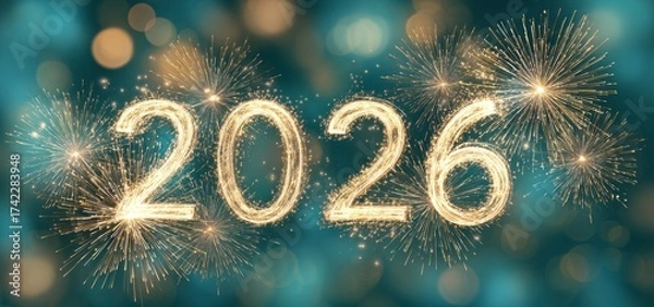 Fototapeta Celebrate the arrival of 2026 with vibrant fireworks lighting up the night sky in a joyful atmosphere