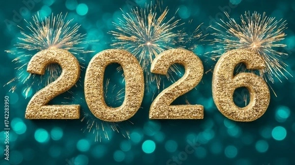 Fototapeta Celebrate the arrival of the New Year 2026 with festive decorations and sparkling fireworks in a vibrant atmosphere