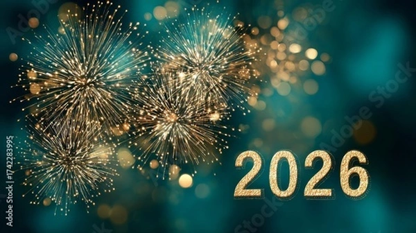 Fototapeta Celebrating the New Year 2026 with sparkling fireworks and a vibrant display of lights