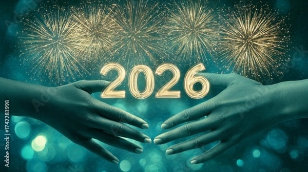 Fototapeta Exciting New Year 2026 celebration with hands reaching towards glowing fireworks and sparkling lights