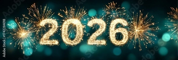Fototapeta Fireworks illuminate the night sky, celebrating the arrival of New Year 2026 with vibrant bursts of color