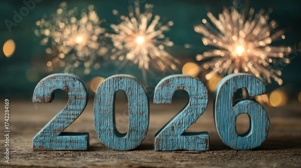 Fototapeta New Year celebration with wooden numbers 2026 and colorful fireworks in the background