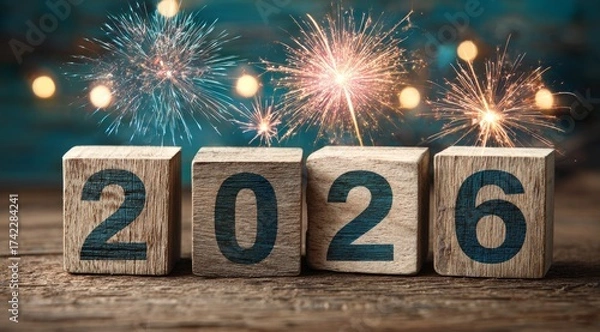 Fototapeta Celebrate the arrival of 2026 with colorful fireworks and wooden blocks marking the New Year
