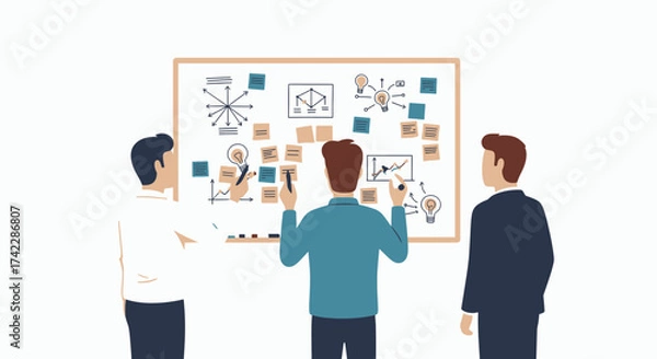 Fototapeta Teamwork and brainstorming session with whiteboard and sticky notes.