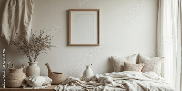 Fototapeta Coastal Grandmother Linen Sun-bleached natural linen texture with subtle stripe pattern, soft coastal light, relaxed luxury aesthetic, artisanal quality focus
