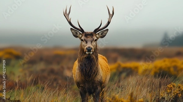 Fototapeta A majestic stag with large antlers stands in a misty autumnal field