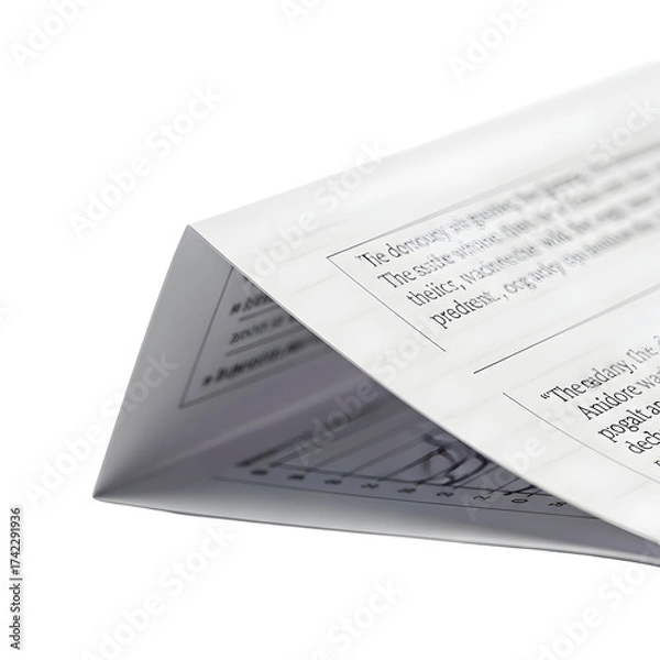 Fototapeta Folded paper pages with printed text and graphic elements against transparent background