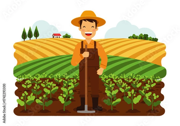 Fototapeta Happy farmer in overalls and hat stands in a field of crops, holding a tool, with rolling hills and a house in the background.