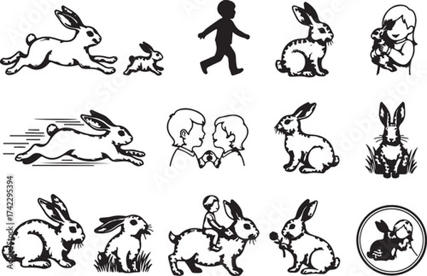 Fototapeta Engraving Child and Rabbits sketch hand drawn line art Silhouettes vector art illustration. 