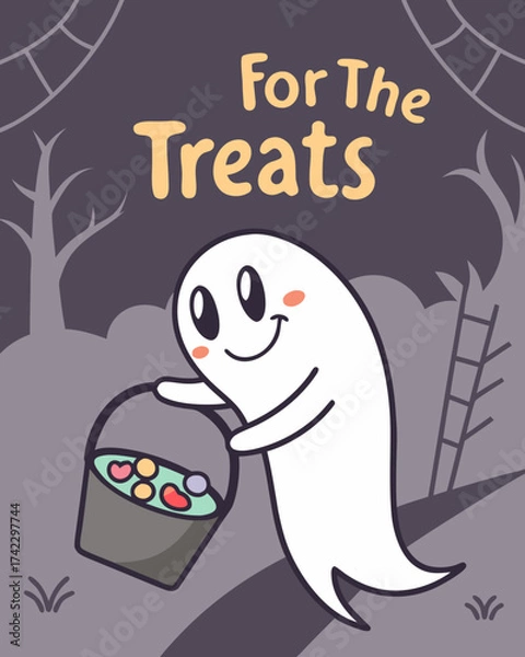 Fototapeta T-shirt Ghost Holding Candy Bucket Here For The Treats Fun Vector