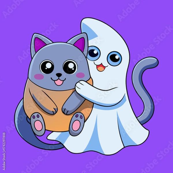 Fototapeta T-shirt Ghost Hugging A Cute Cat Flat Design Cartoon Vector