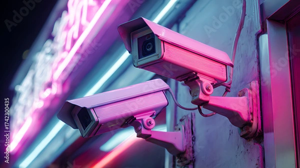 Obraz Smart cameras and AI security systems operate silently under colorful neon lights