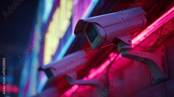 Obraz Smart cameras and AI security systems operate silently under colorful neon lights