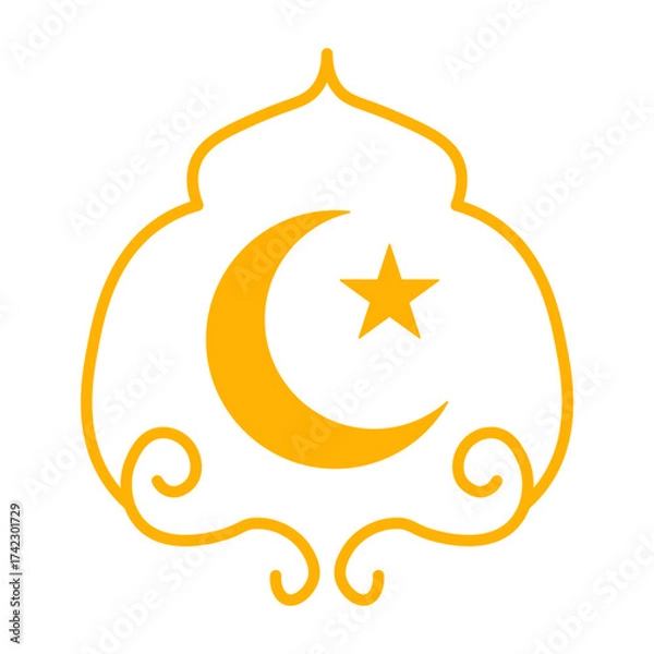 Fototapeta Golden Islamic Arch Ornament with Crescent Moon and Star Symbol