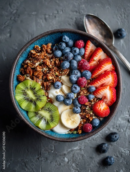 Fototapeta Bright smoothie bowl filled with kiwi, strawberries, blueberries, and granola. A healthy and delicious breakfast concept full of color and vitality.
