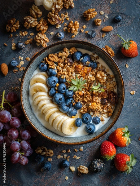 Fototapeta Healthy breakfast bowl with banana slices, blueberries, and granola on a rustic table. Natural light and balanced composition reflect wellness and freshness.
