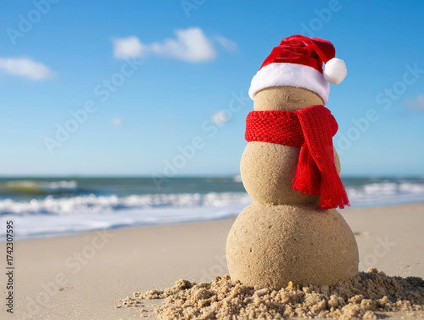 Fototapeta A sand snowman wearing a Santa hat and a red scarf, standing on the beach under a bright, sunny sky with gentle waves in the background