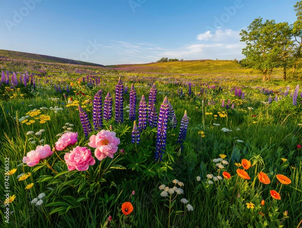 Fototapeta A vivid and colorful spring scene with green, purple, and pink meadow flowers, showcasing a creative and fresh concept