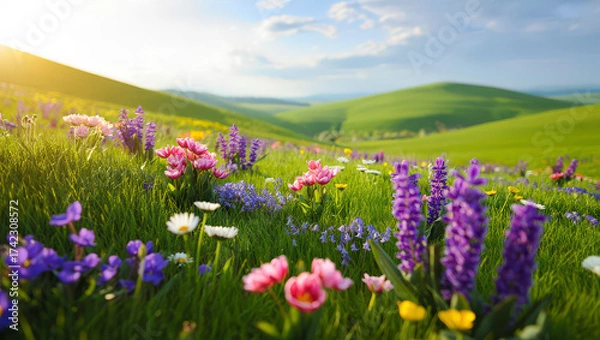 Fototapeta A vivid and colorful spring scene with green, purple, and pink meadow flowers, showcasing a creative and fresh concept