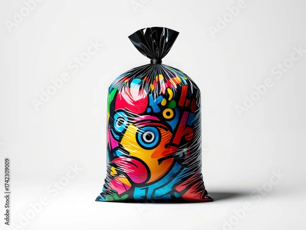 Fototapeta Black trash bag tightly tied, glossy surface with colorful graffiti and pop art patterns, isolated on white background