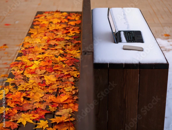 Fototapeta desk split between autumn leaves and snow, showing seasonal contrast 