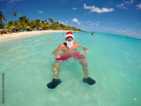 Fototapeta Santa’s hat and slippers rest on the beach, with a beautiful shoreline and horizon in the background, while he swims and enjoys the holiday season