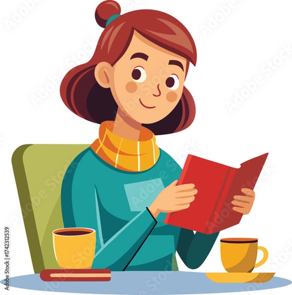 Fototapeta Cartoon Person Reading Book at Table – Cozy Vector Scene